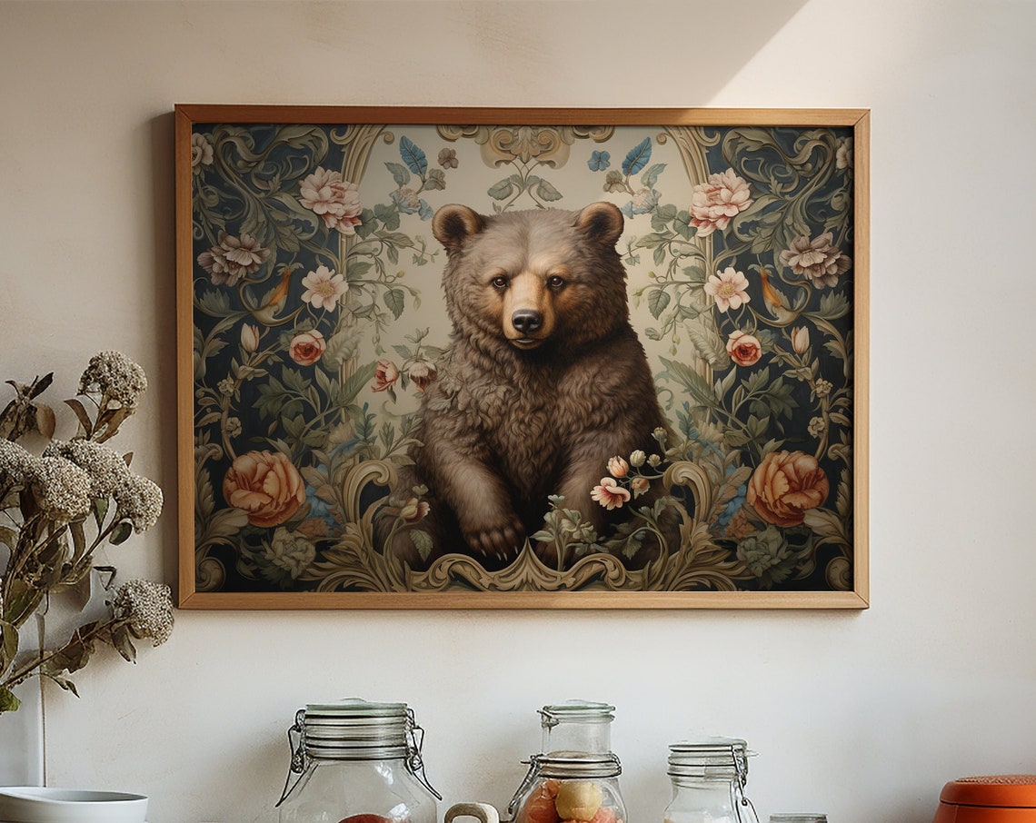 Brown Bear in William Morris Style Floral Frame Landscape Poster