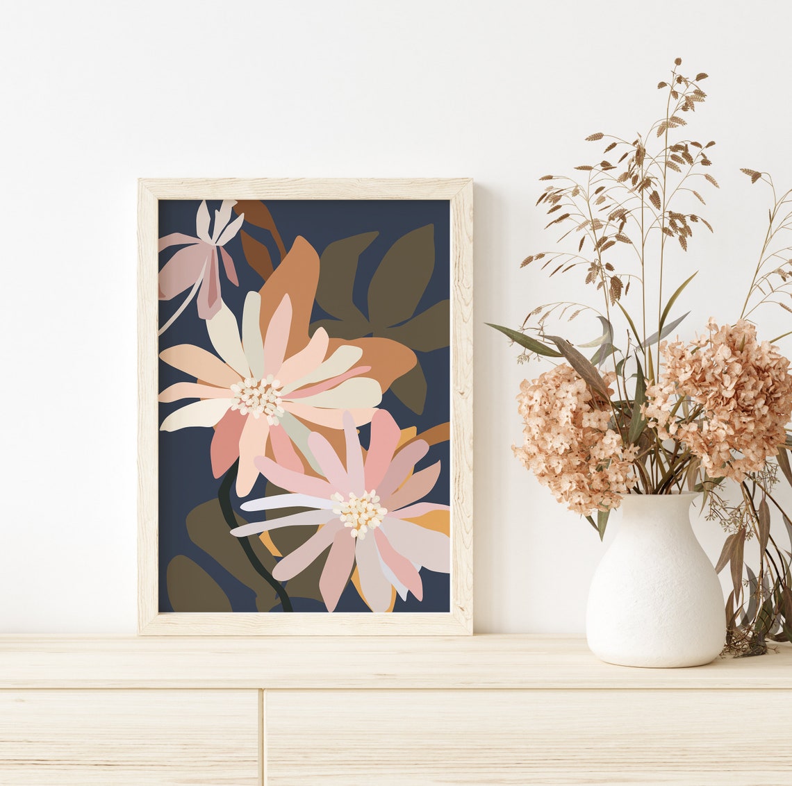 Neutral Boho Floral Artwork in Soft Cream Blush and Navy Poster - Image 2