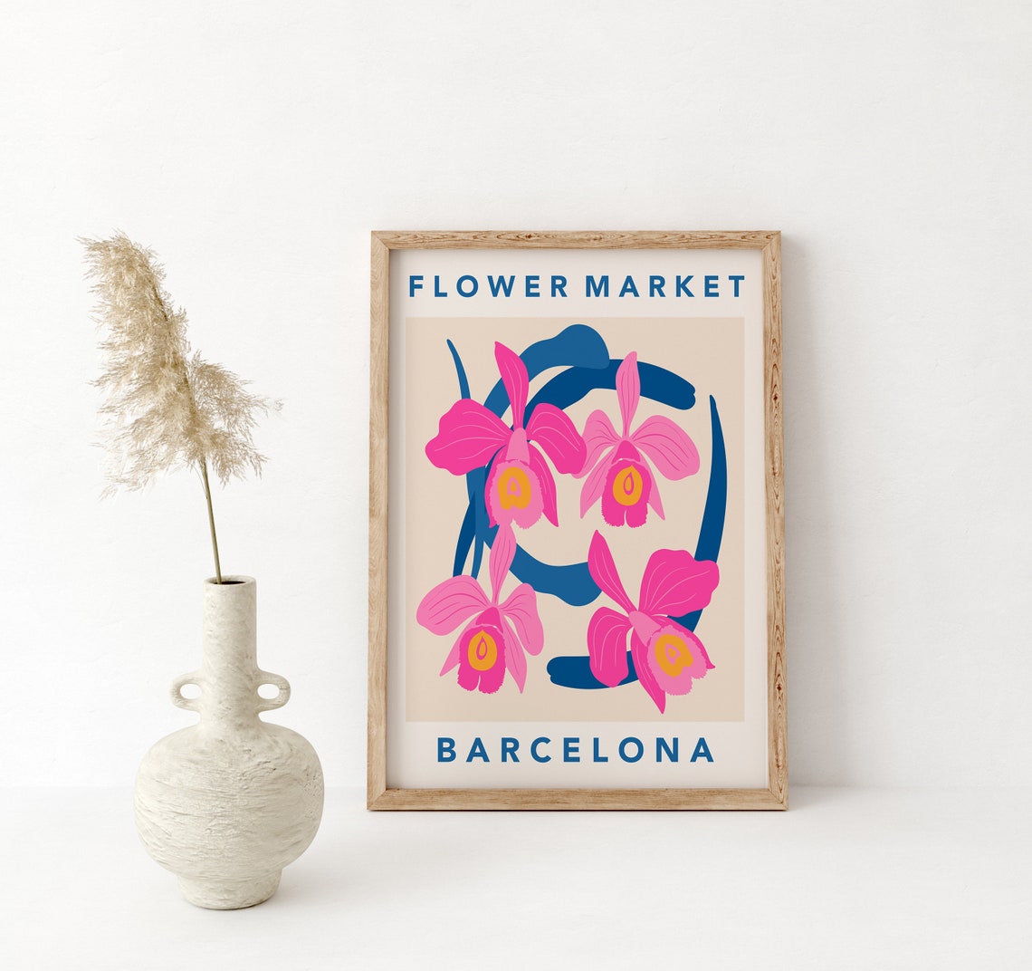 Barcelona Flower Market Pink Orchids Navy Blue Botanical Poster - Image 2
