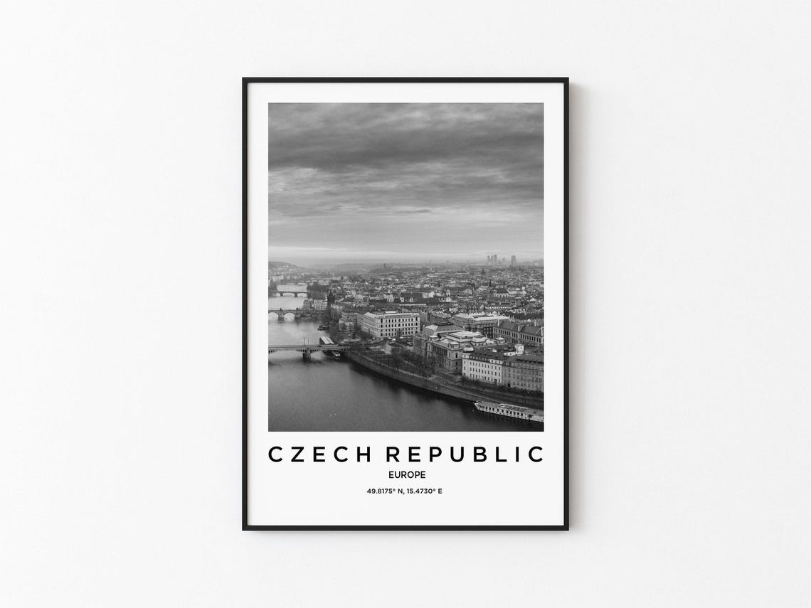 Czech Republic Europe River City Skyline Black White Art Poster