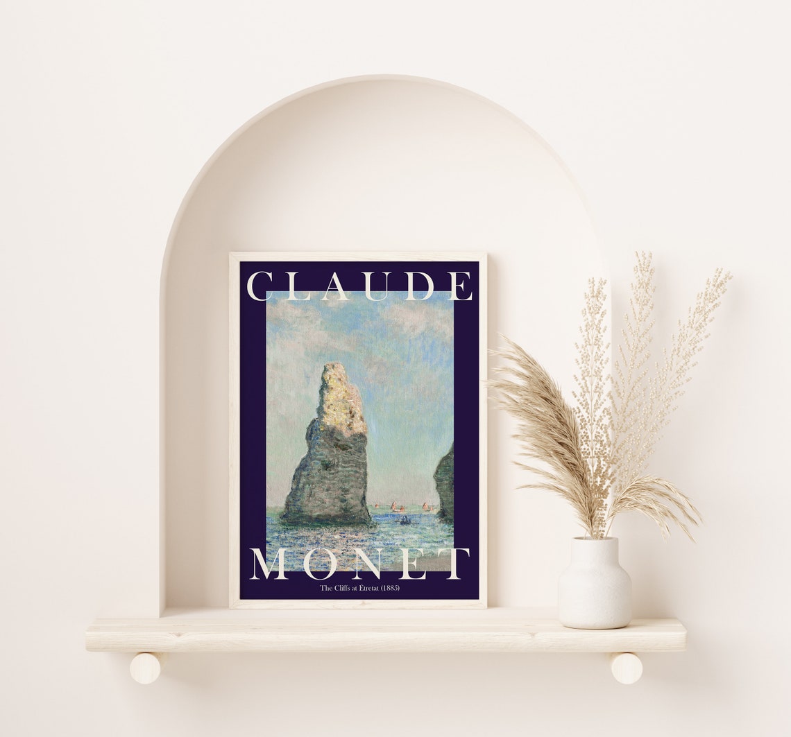 Claude Monet Cliffs at Etretat 1885 Navy Border Seascape Poster - Image 2
