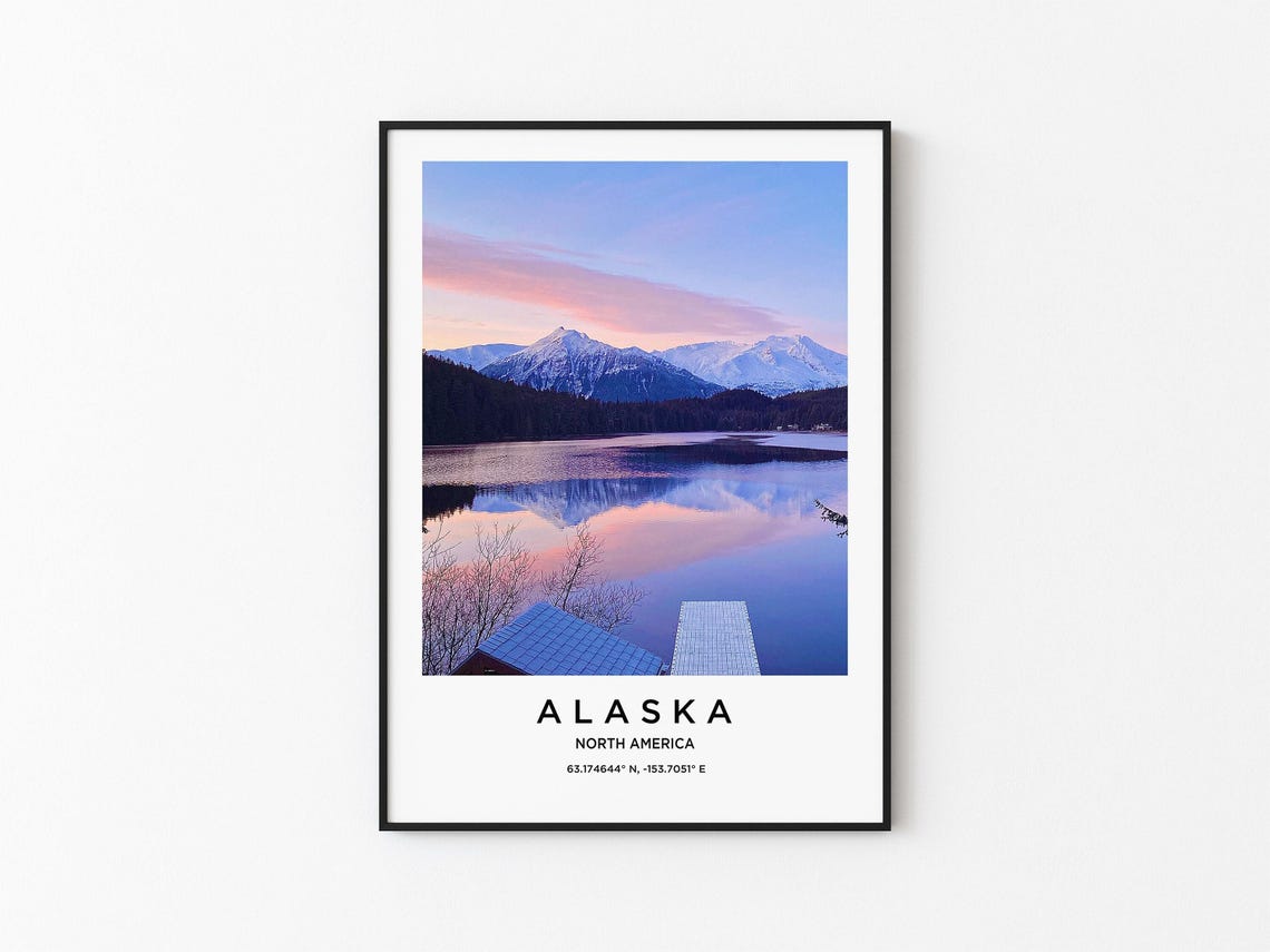 Alaska Snowy Mountain Lake Pink Sunrise Reflection Travel Poster