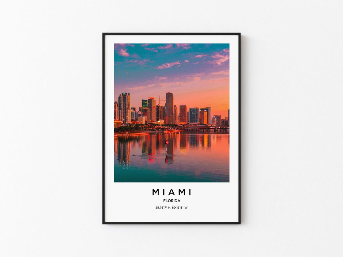 Miami Florida Sunrise Skyline Reflection Over the Water Poster