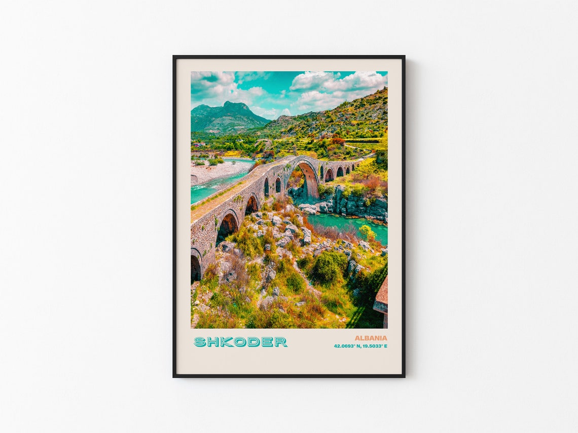 Shkoder Albania Old Stone Bridge Over Turquoise River Poster - Image 3