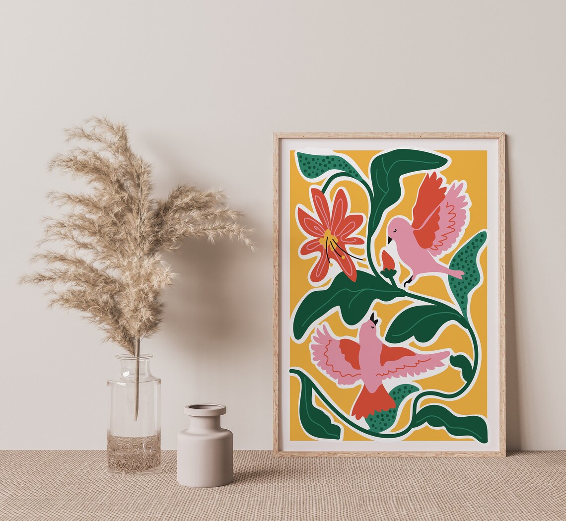 Tropical Pink Birds Red Lily Mustard Yellow Botanical Art Poster - Image 3