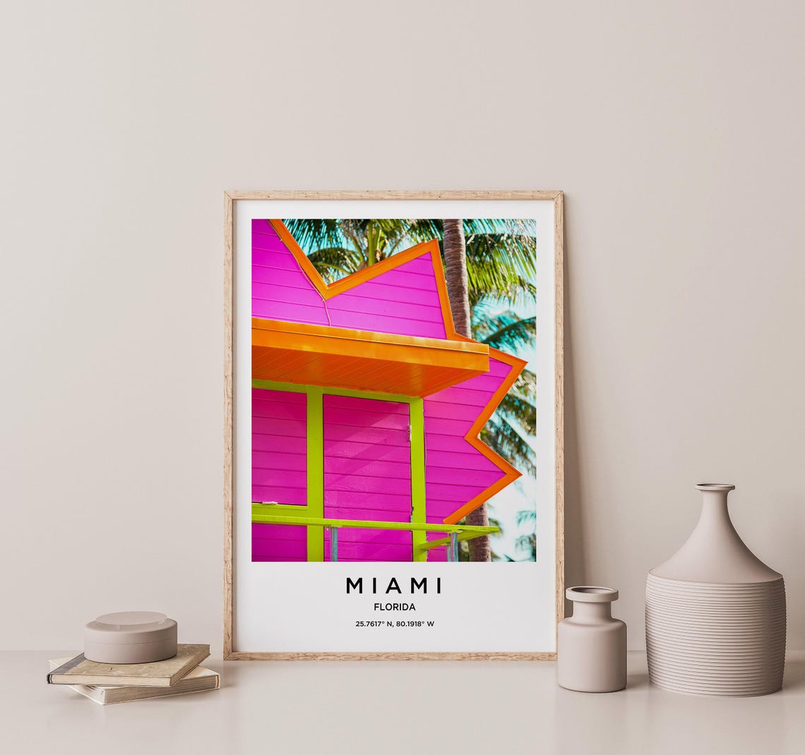 Miami Florida Pink Lifeguard Tower Palm Trees Beach Photo Poster - Image 2