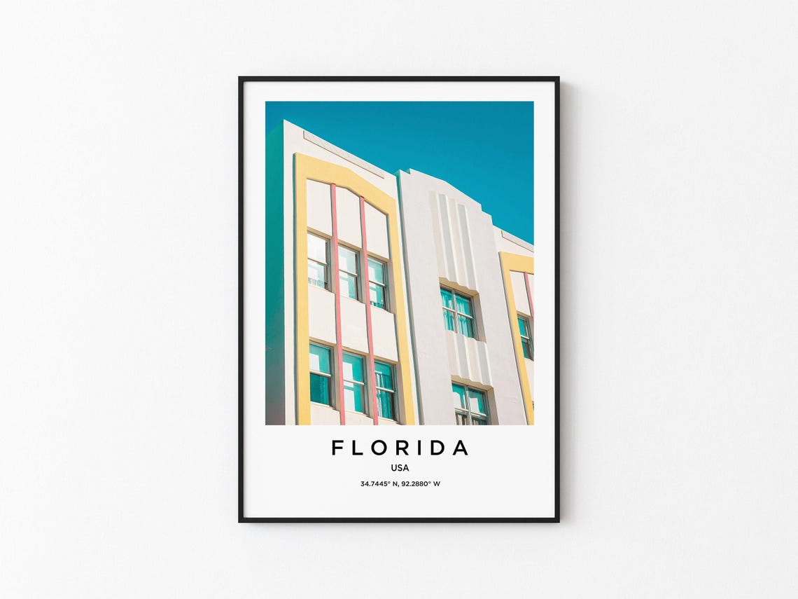 Florida Pastel Art Deco Facade Pink Yellow Photo Travel Poster