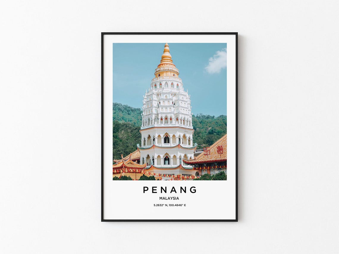 Penang Malaysia White and Gold Tiered Temple Pagoda Landmark Poster