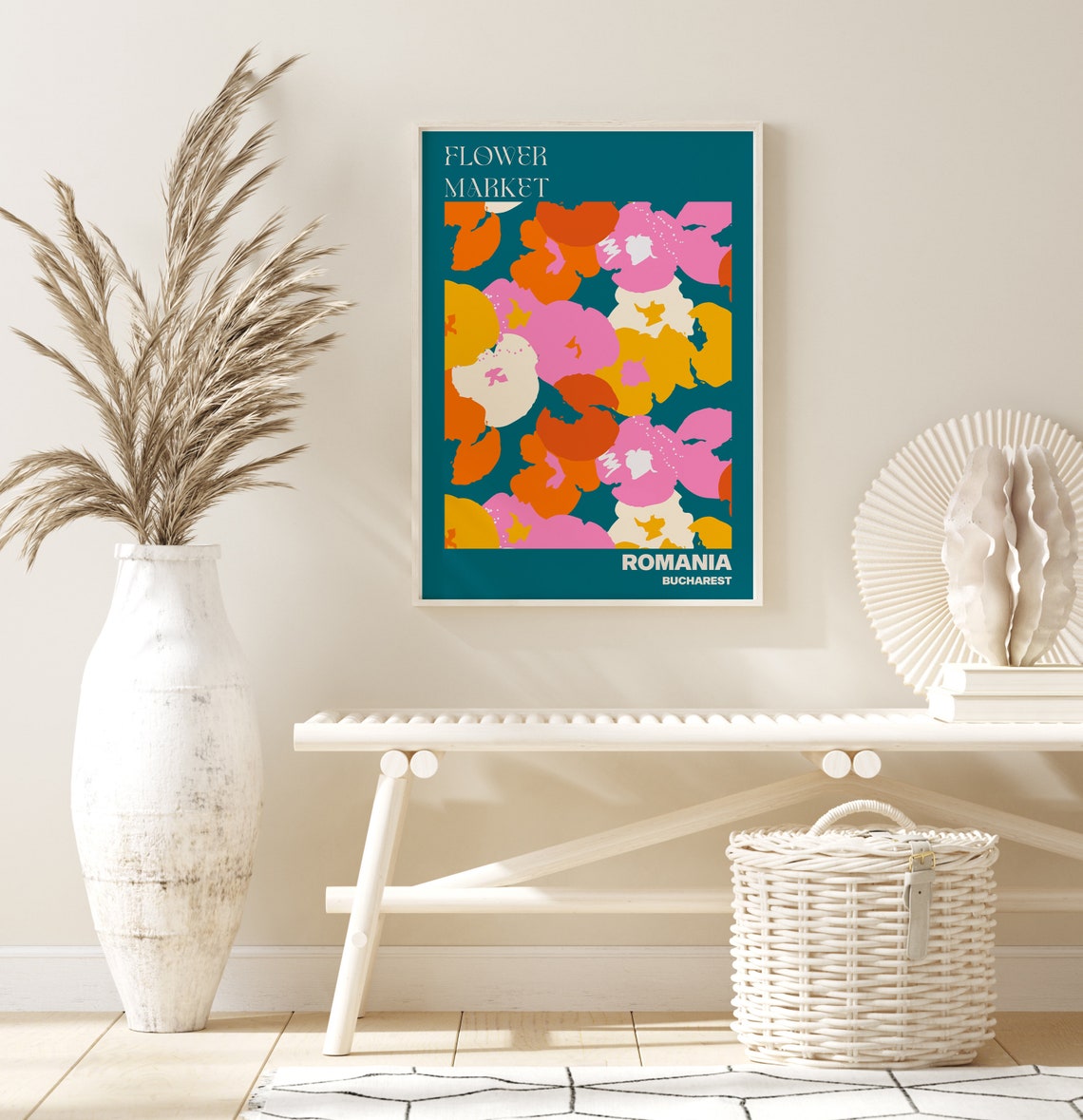 Romania Flower Market Poster Bucharest Teal Bold Floral Artwork - Image 2
