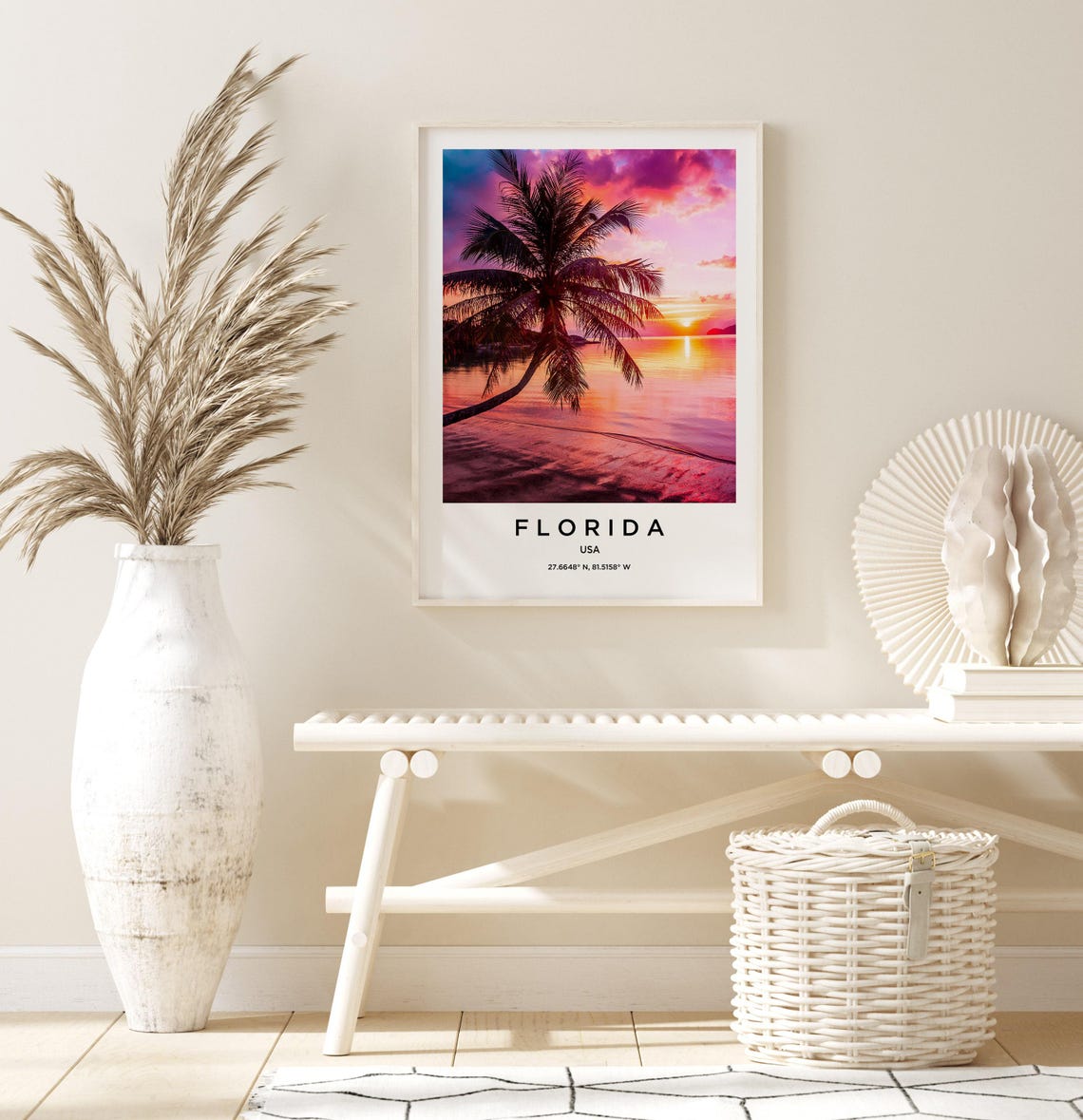 Florida Palm Tree Magenta Sunset Over Ocean Horizon Photo Poster - Image 3