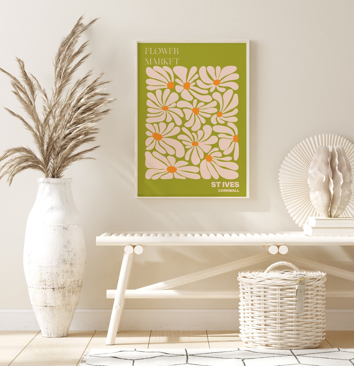 St Ives Cornwall Flower Market Cream Daisy Olive Green Poster - Image 2