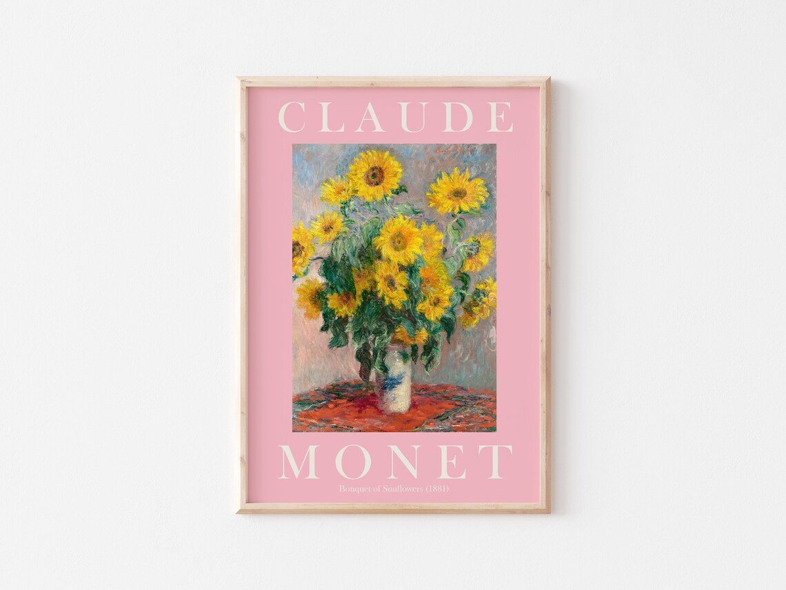 Claude Monet Bouquet of Sunflowers 1881 Pink Border Art Poster - Image 3