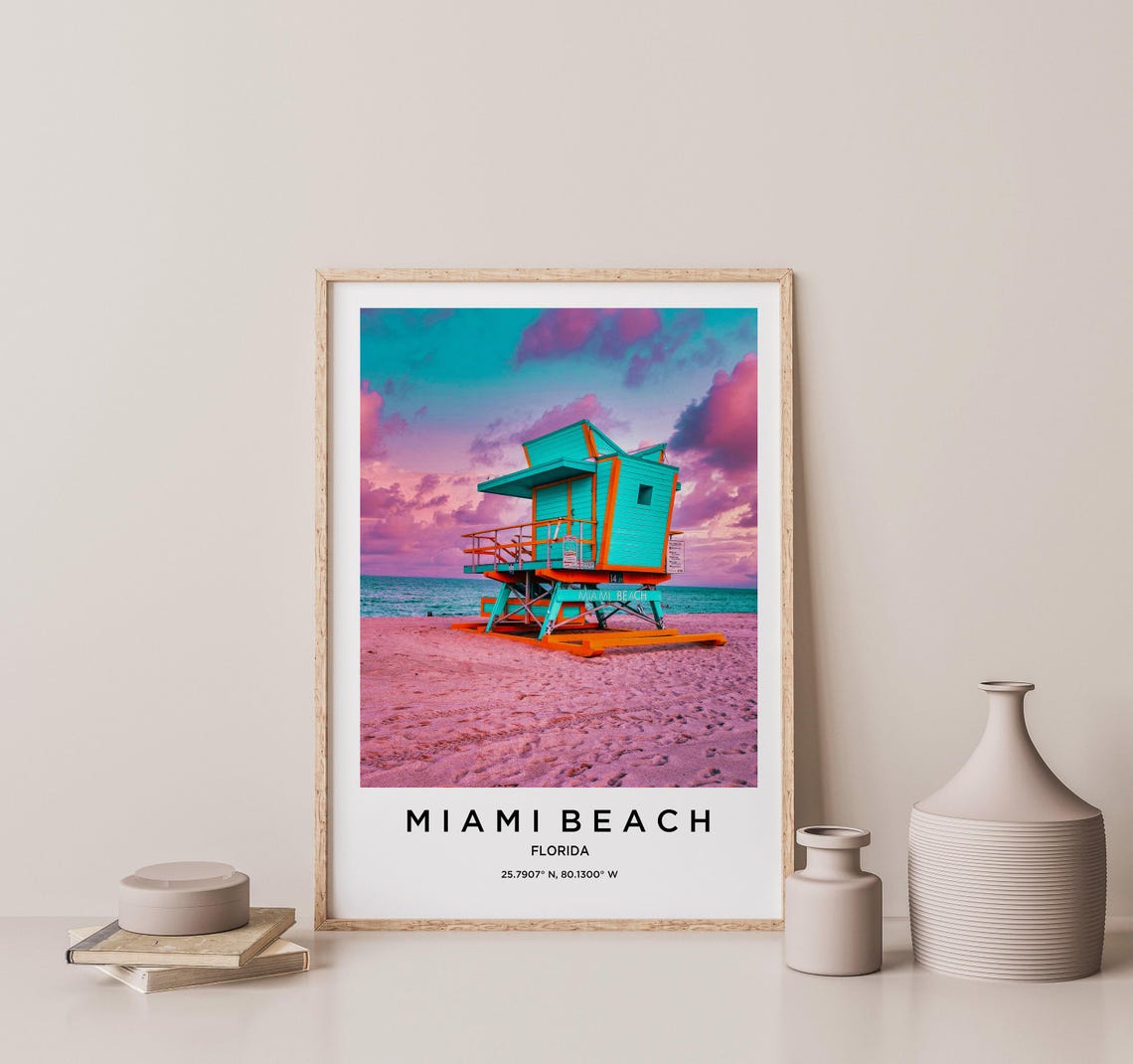 Miami Beach Lifeguard Tower Pink Sunset Sand Beach Photo Poster - Image 2