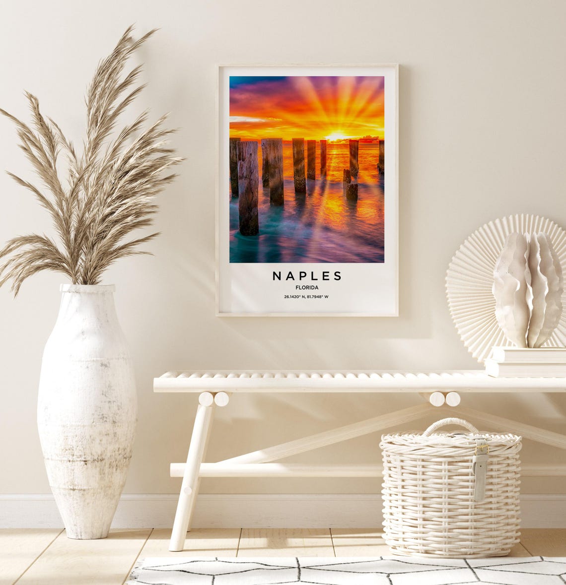 Naples Florida Dramatic Old Pier Pilings Sunset Over Ocean Poster - Image 3