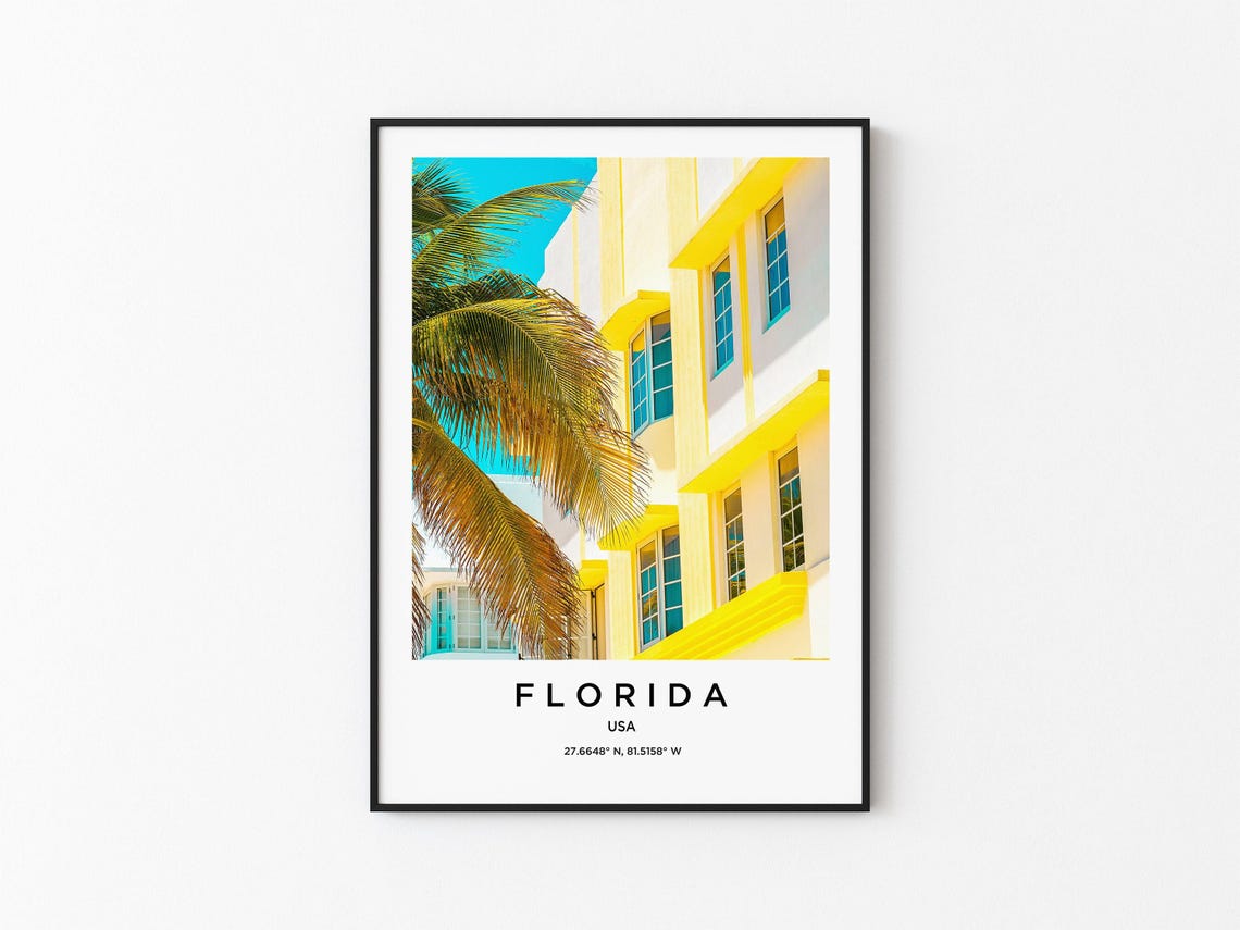 Florida Yellow Art Deco Hotel Facade Palm Tree Photography Poster