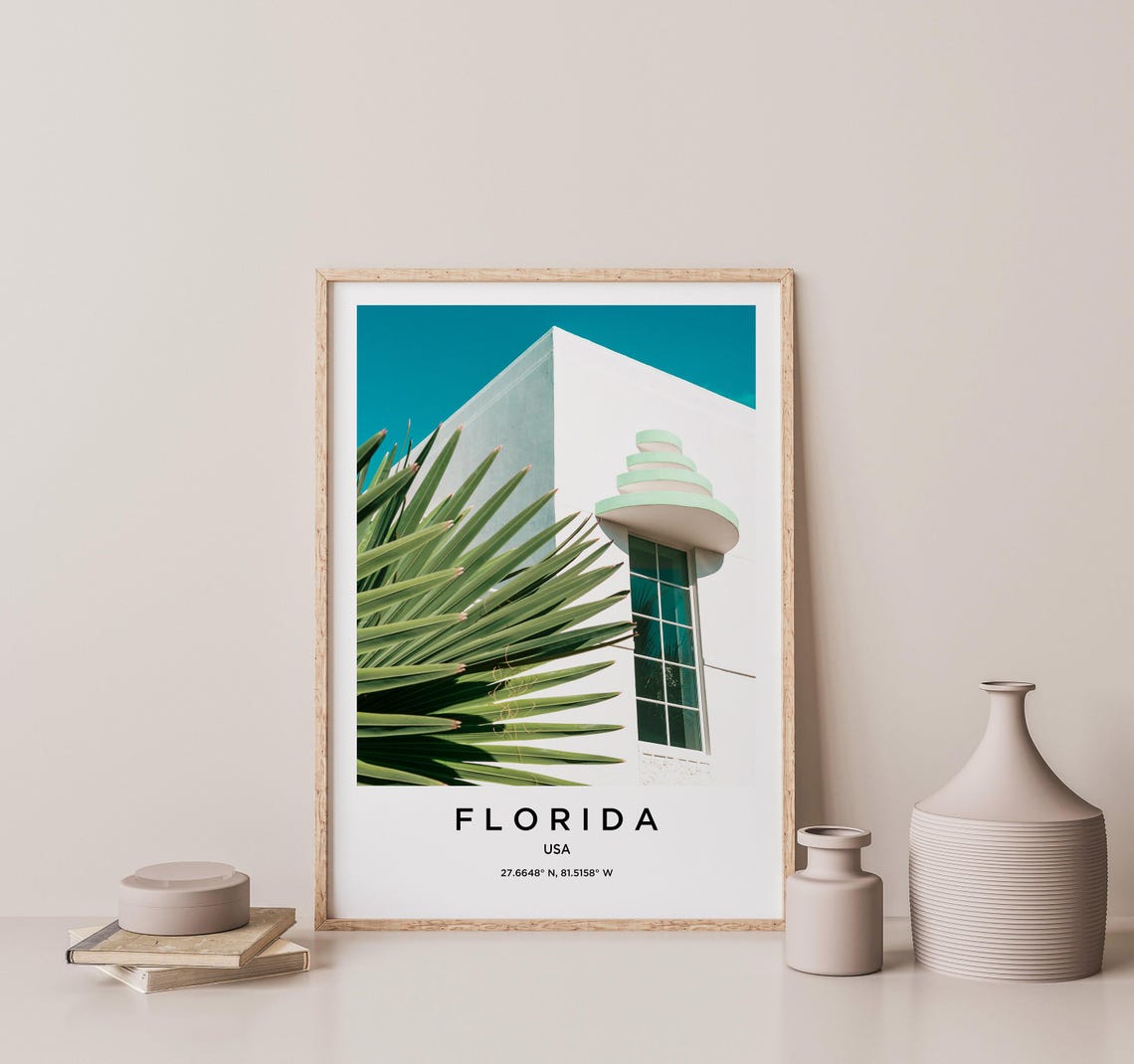 Florida USA White Art Deco Building With Palm Fronds Detail Poster - Image 2