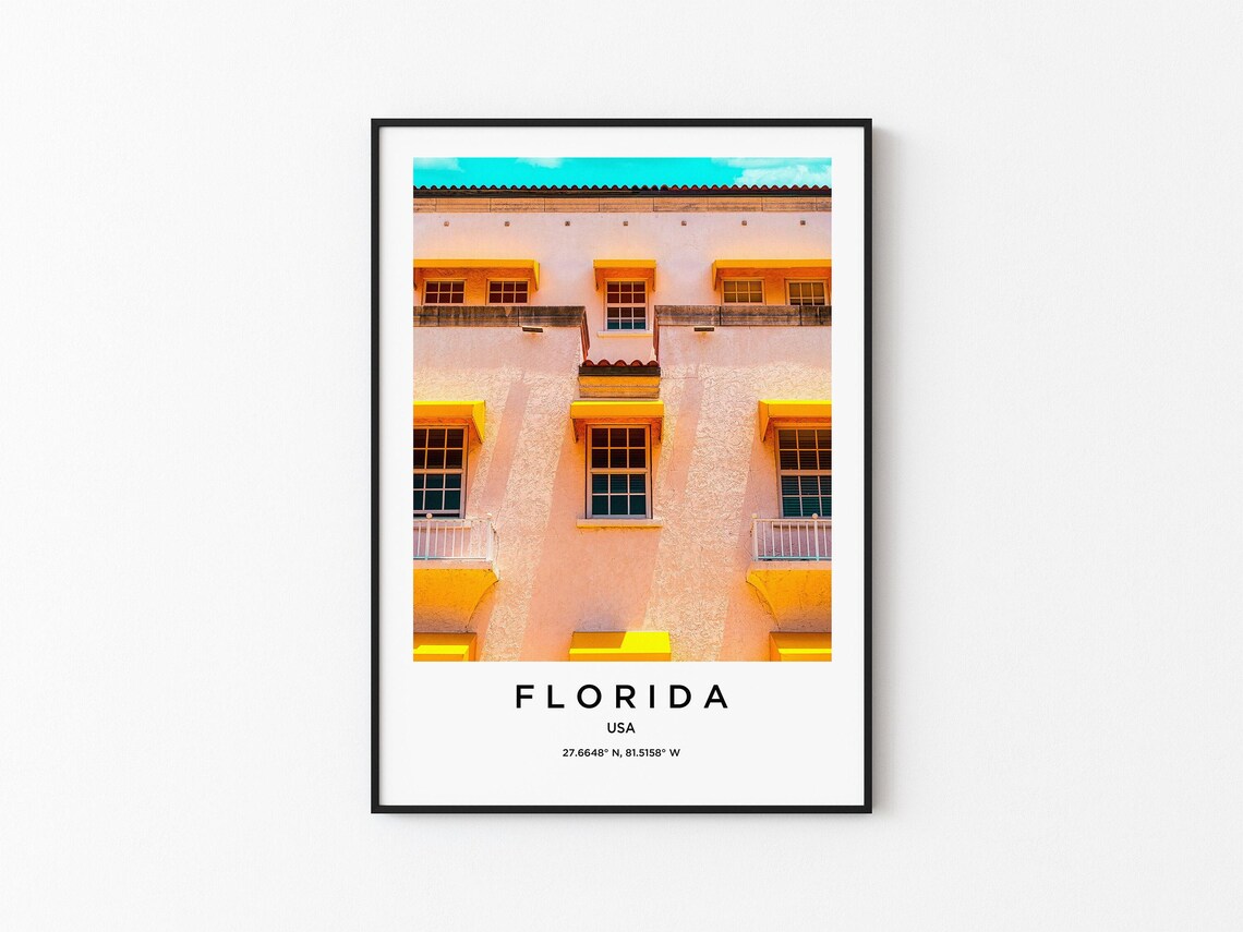 Florida USA Art Deco Building Bright Yellow Awnings Travel Poster