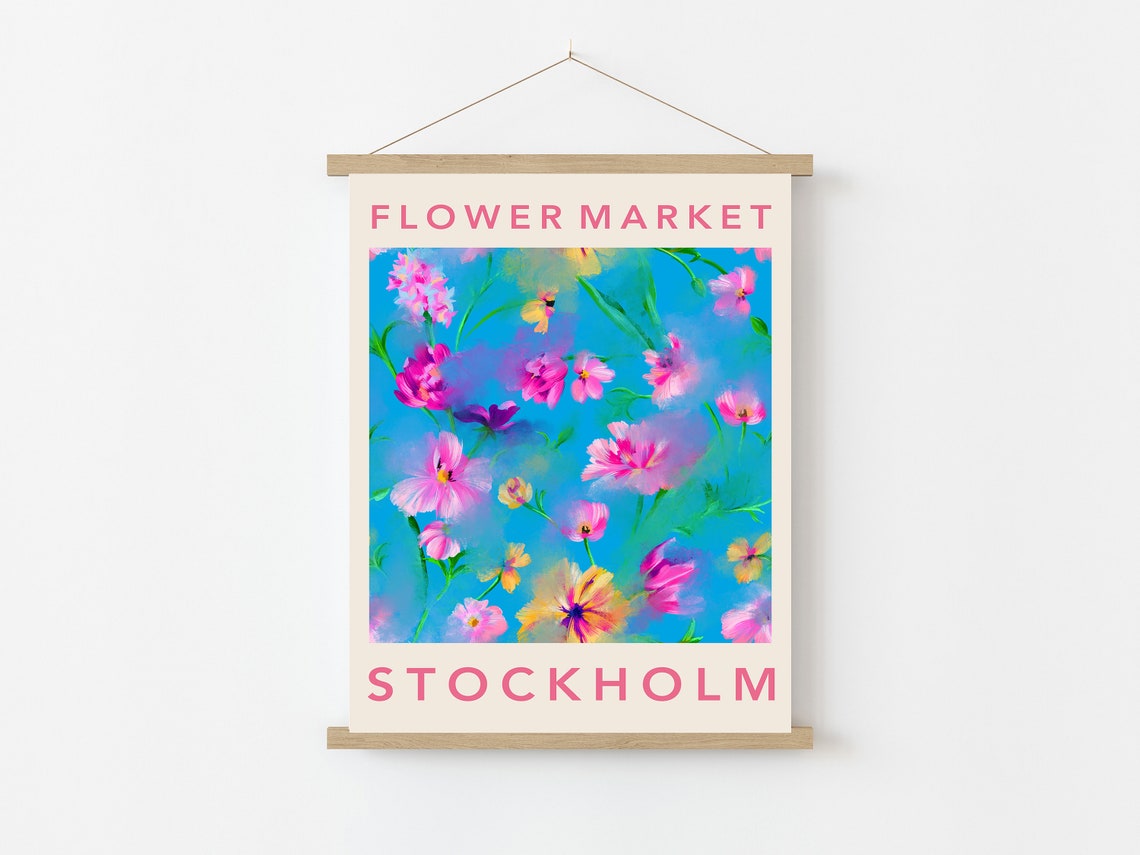 Flower Market Stockholm Pink Wildflower Blue Background Poster - Image 3