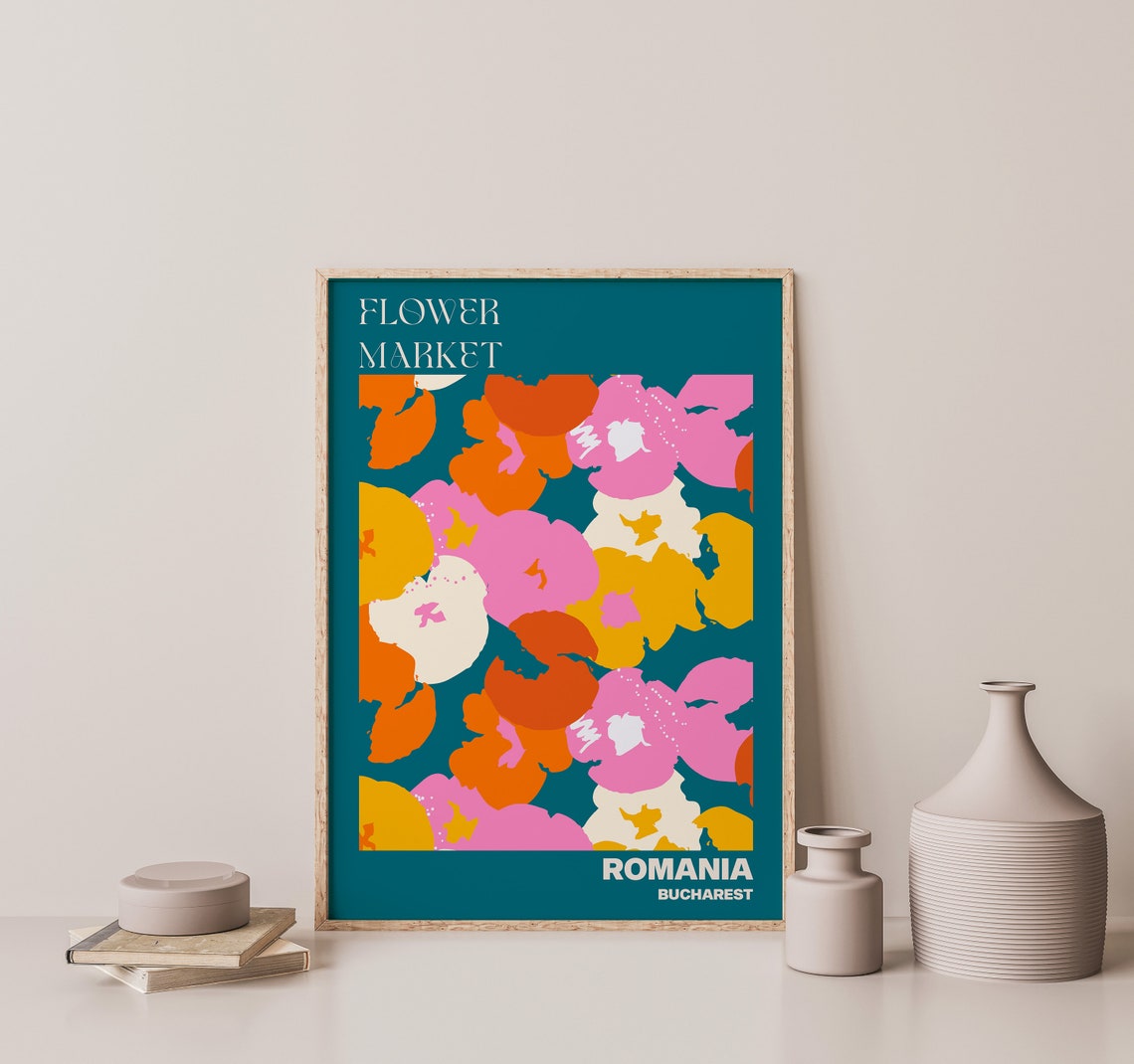 Romania Flower Market Poster Bucharest Teal Bold Floral Artwork - Image 3