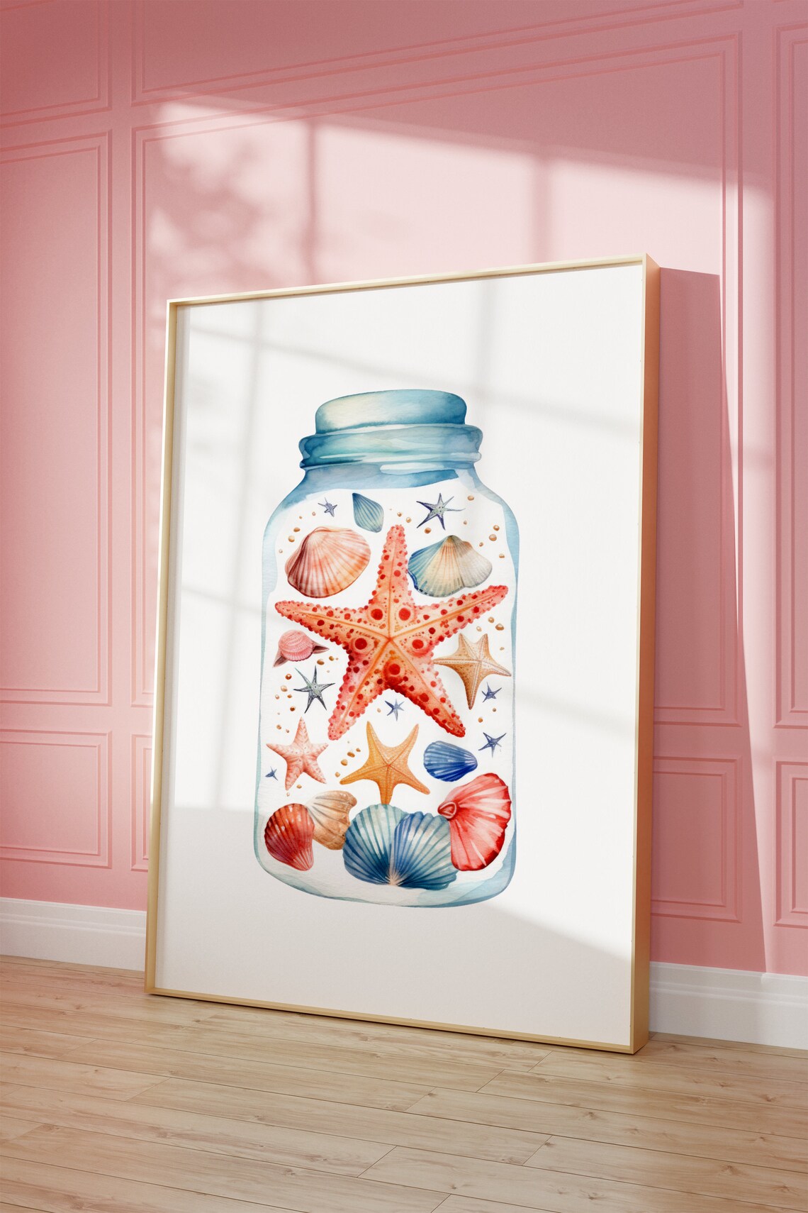 Watercolor Seashells in a Glass Jar Coastal Starfish Wall Art - Image 3