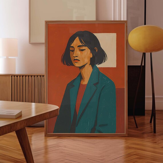 Woman with Bob Haircut and Teal Blazer Retro Portrait Poster