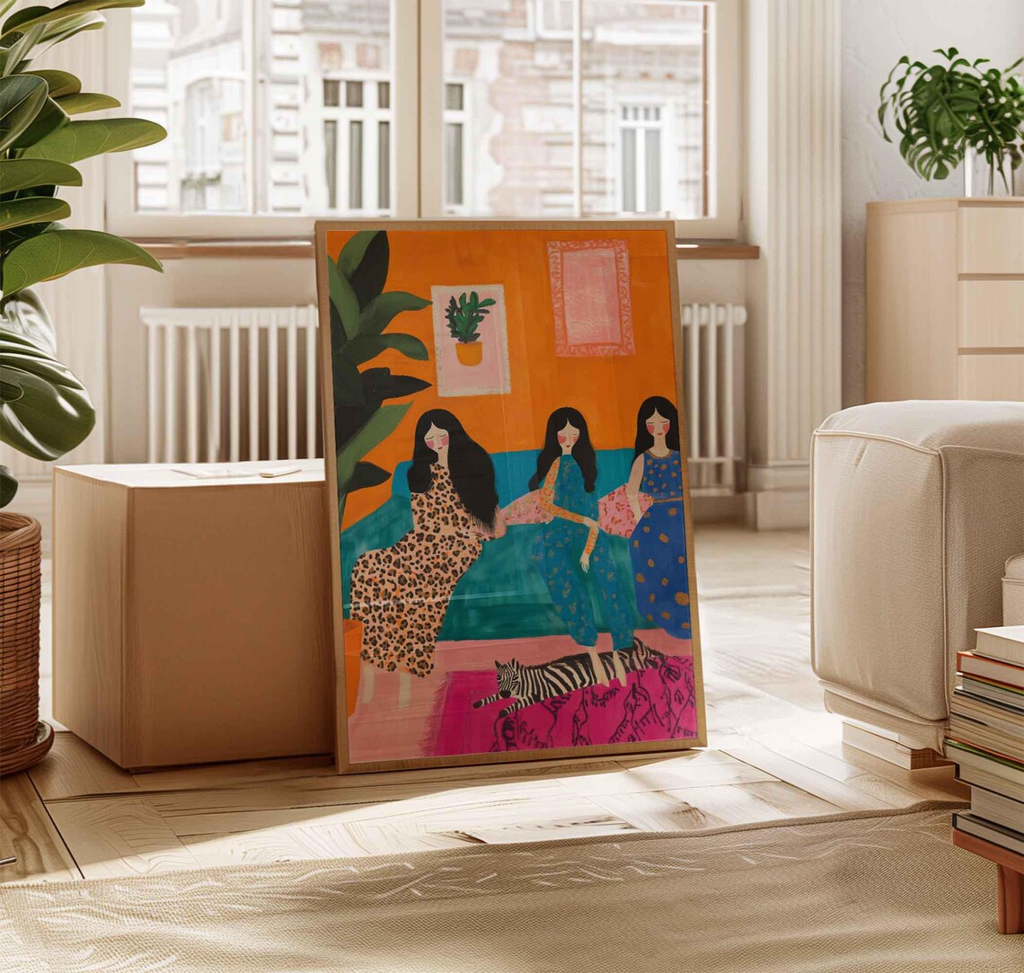 Three Women Friends on Sofa with Black Cat Sisterhood Art Print