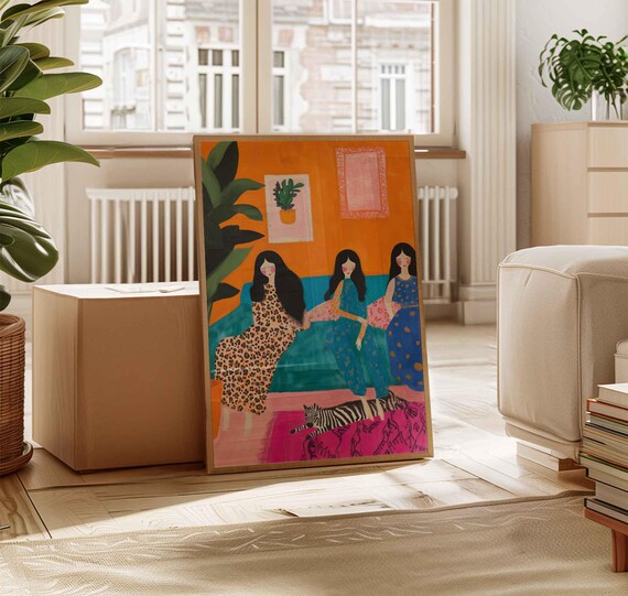 Three Women Friends on Sofa with Black Cat Sisterhood Art Print