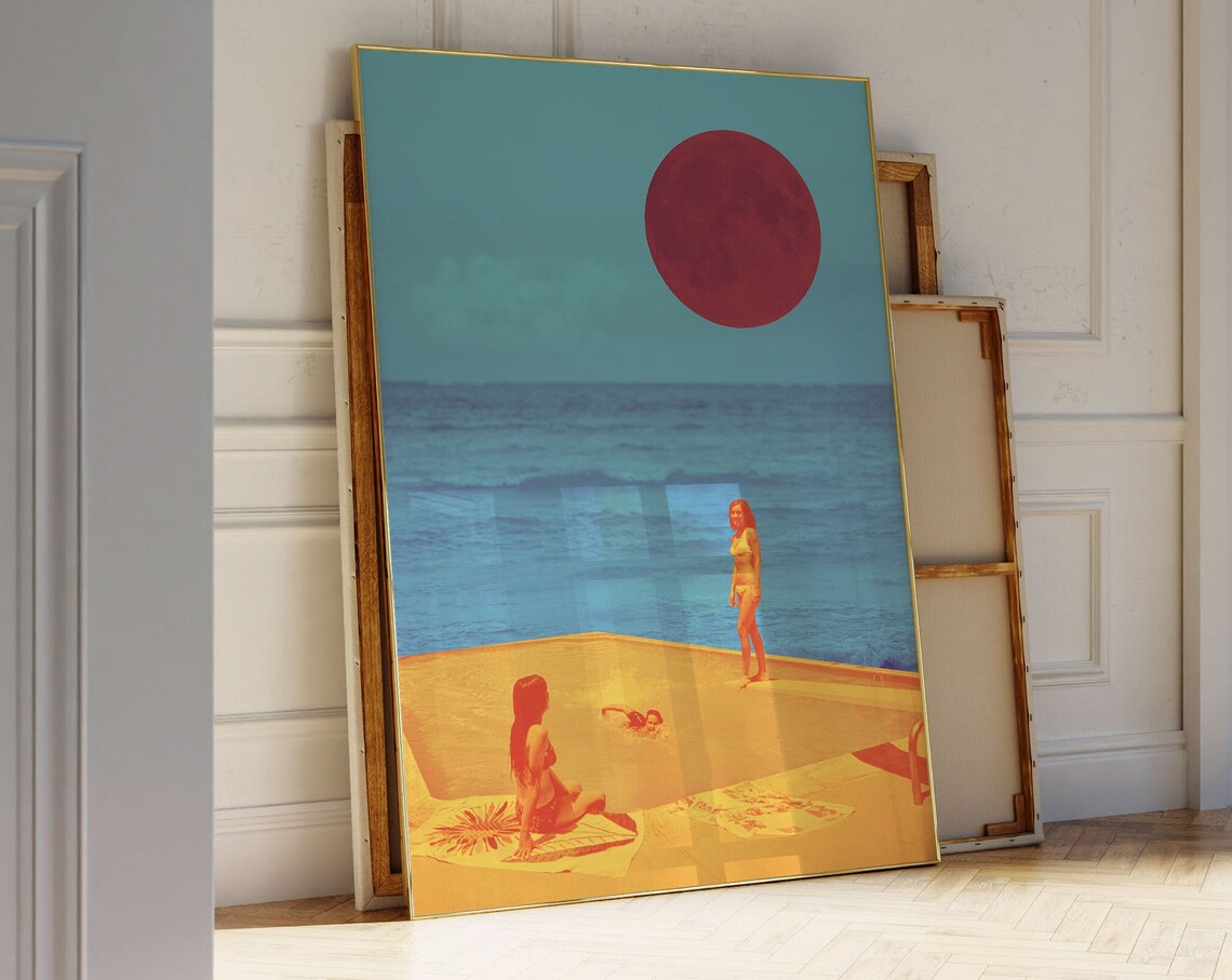 Surreal Beach Sunset Wall Art Retro Pop Collage Red Moon Ocean Scene