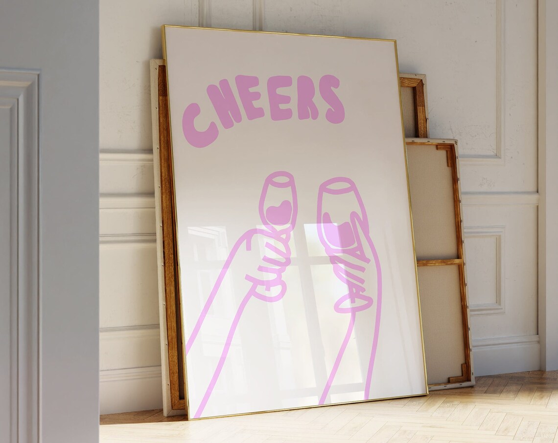 Cheers Pink Line Art Clinking Glasses Kitchen Bar Cart Wall Poster