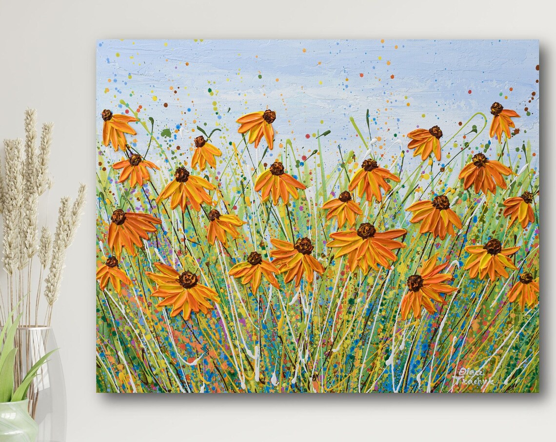 Orange Coneflower Meadow Brown Center Wildflower Impasto Art Print