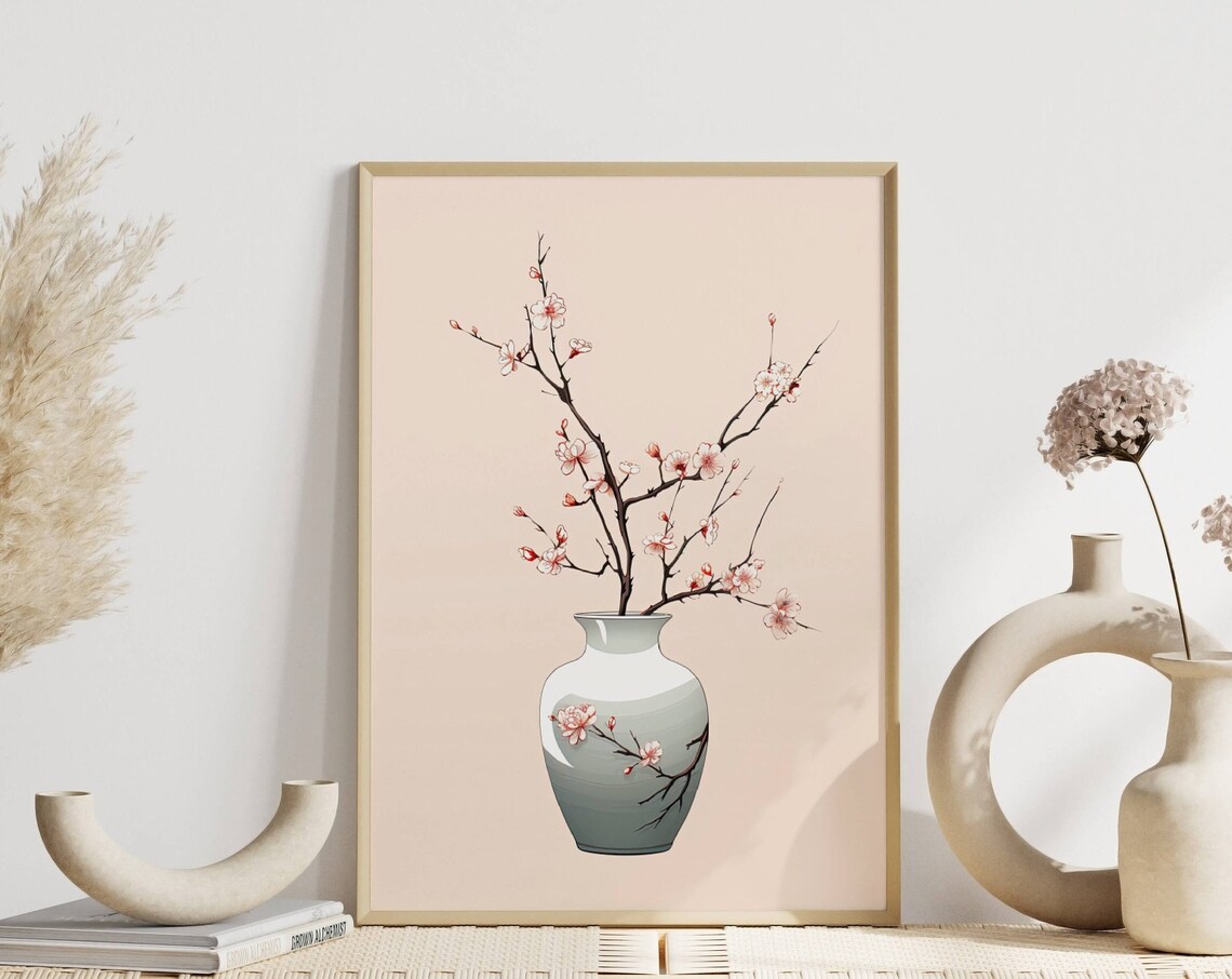 Cherry Blossom Branch in Ceramic Vase Japandi Minimalist Art Print