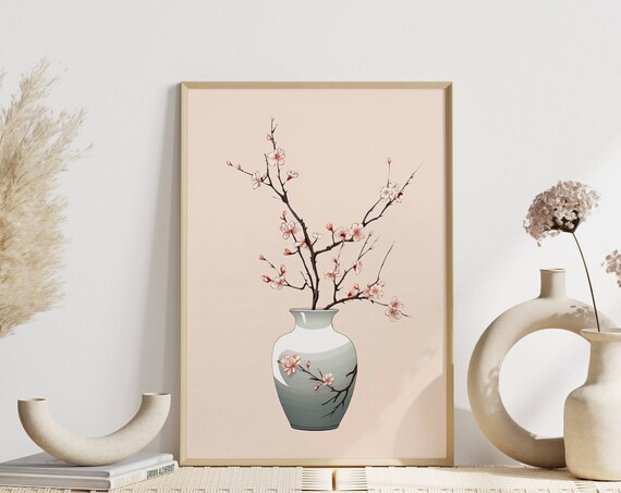 Cherry Blossom Branch in Ceramic Vase Japandi Minimalist Art Print