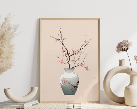 Elegant Living Room Wall Decor Japandi Cherry Blossom Art Minimalist Vase Illustration Pastel Spring Mood Office Hallway