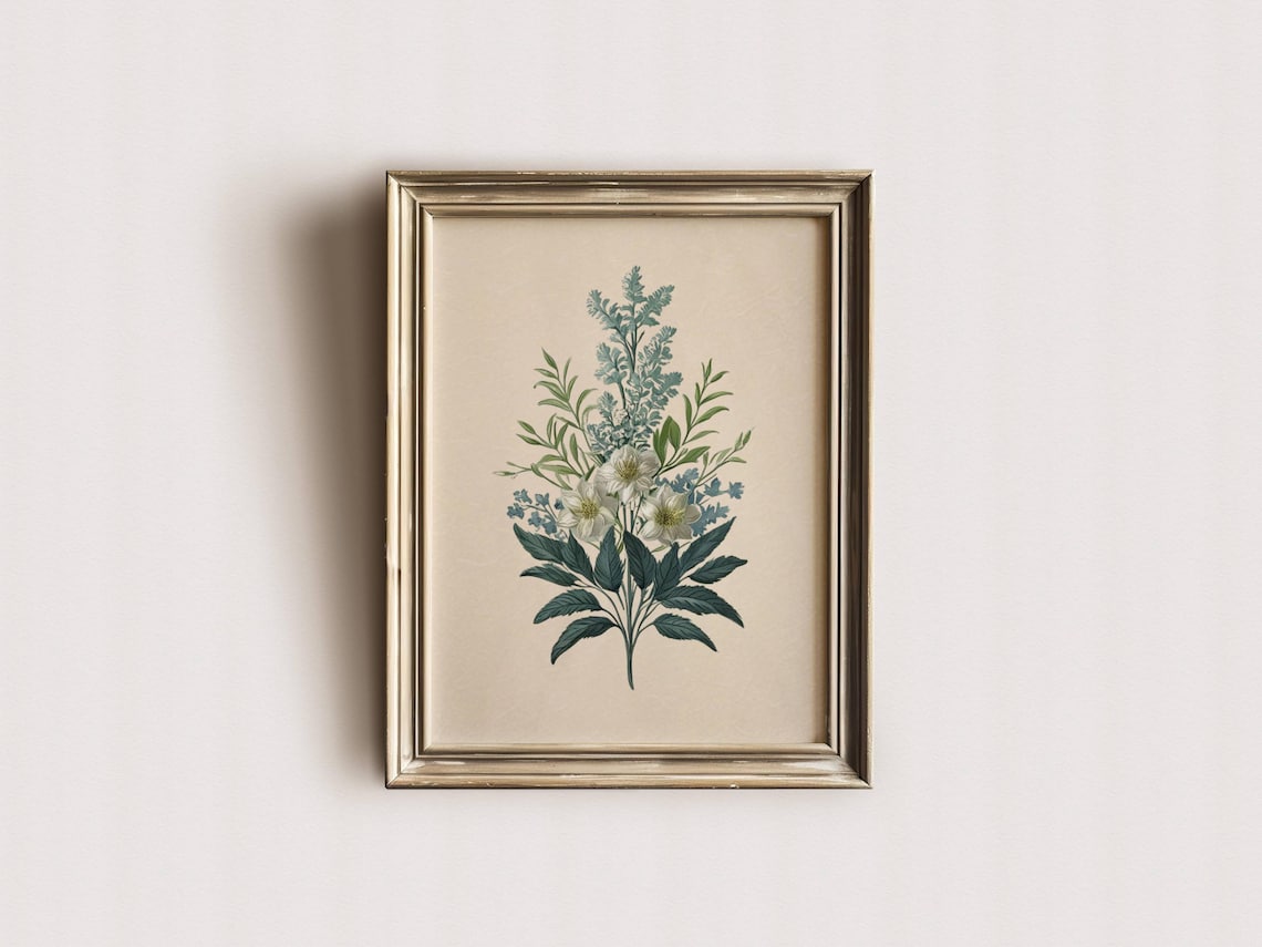 Vintage Style Blue Floral Botanical Art Print