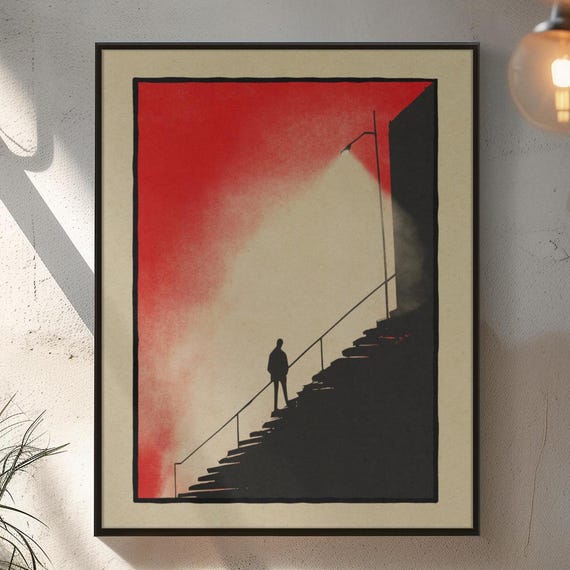 Noir Silhouette Staircase Print Moody Red And Black Urban Wall Art Illustration Premium Matte Paper Poster