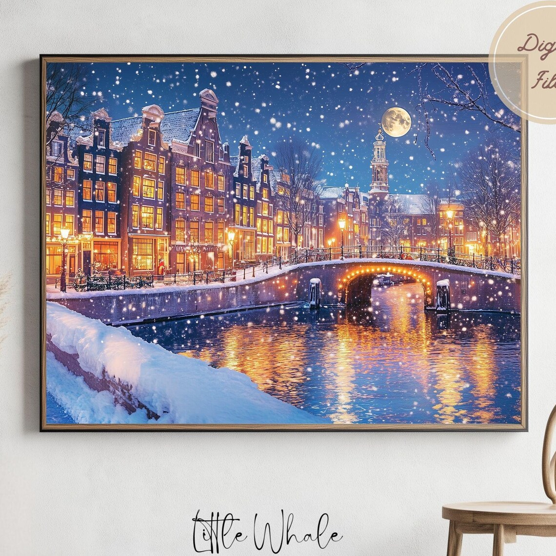 Amsterdam Canal on a Snowy Night with Moon and Glowing Houses Poster
