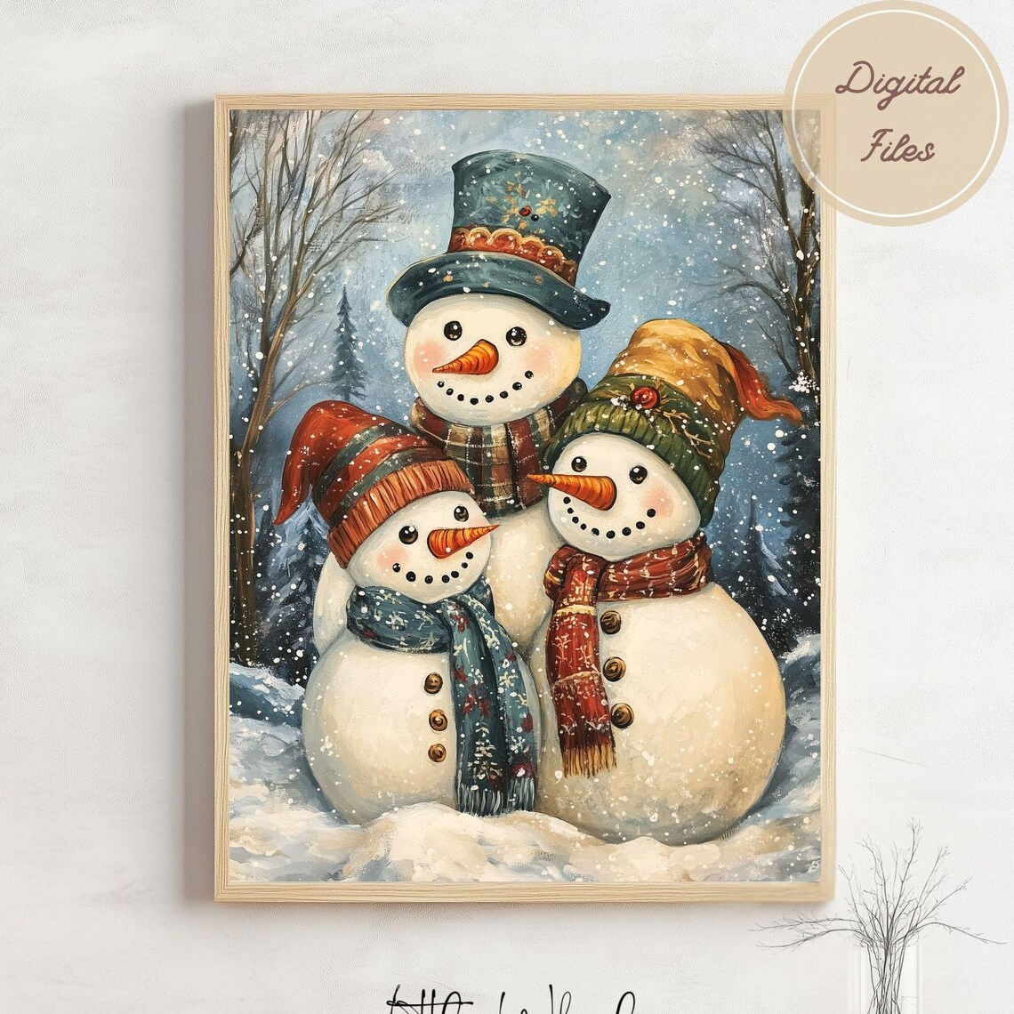 Cute Snowman Family in Falling Snow Cozy Winter Holiday Scene Poster