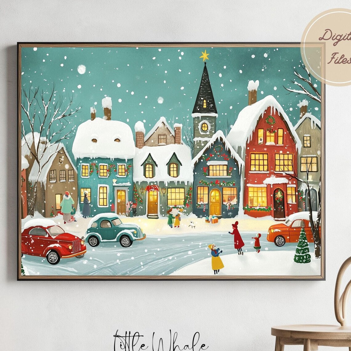 Snowy Village Street with Church and Vintage Cars Holiday Scene Poster