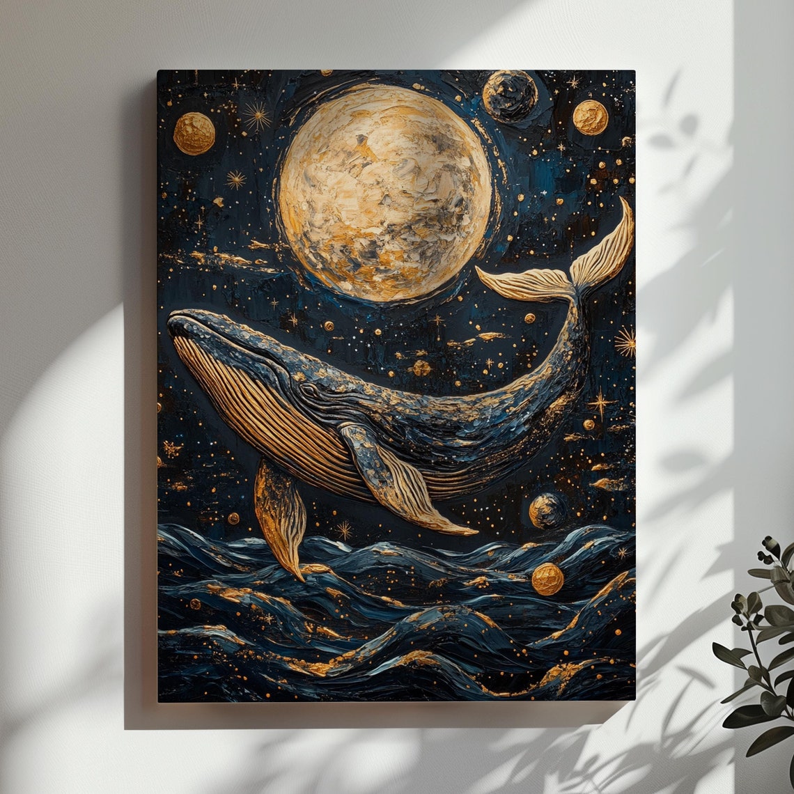 Golden Whale Leaping Under Full Moon Starry Ocean Night Wall Art