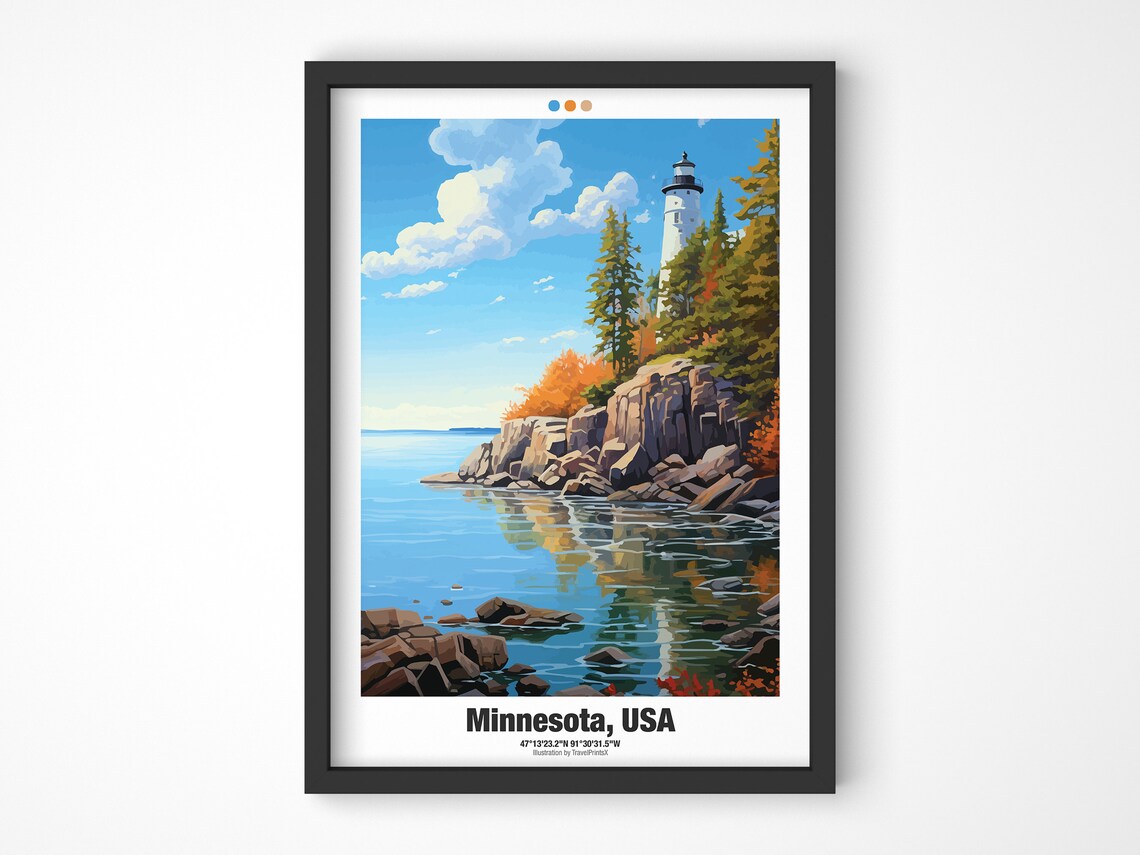 Minnesota USA Travel Poster Lighthouse Rocky Shore Autumn Forest Art