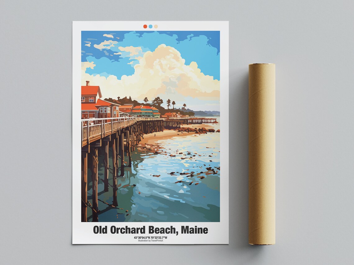 Old Orchard Beach Maine Wooden Pier Coastline Cottages Travel Poster