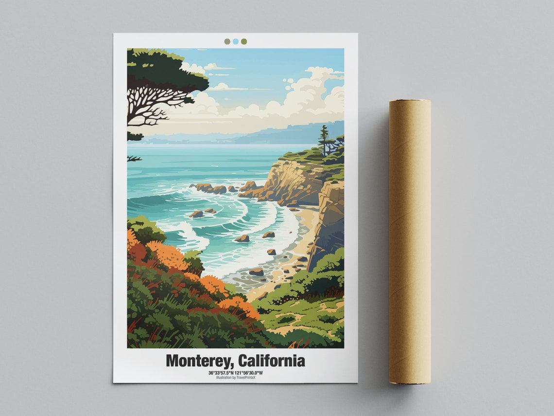 Monterey California Rocky Coast Cliffs Turquoise Waves Travel Poster