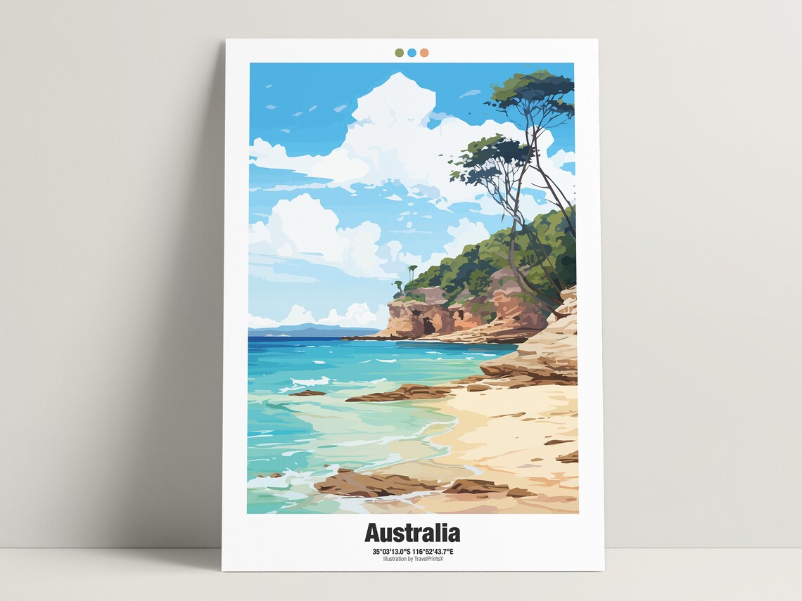 Australia Travel Poster Sandy Cove Turquoise Water Red Rocks Artwork - Image 3