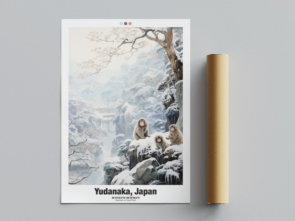 Yudanaka Japan Travel Poster Snow Monkey Poster Japanese Macaque Illustration - Image 4