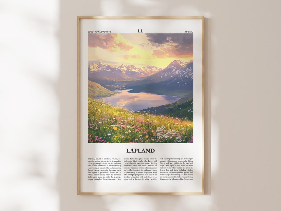 Lapland Finland Travel Poster City Guide Mountain Lake Sunset Art