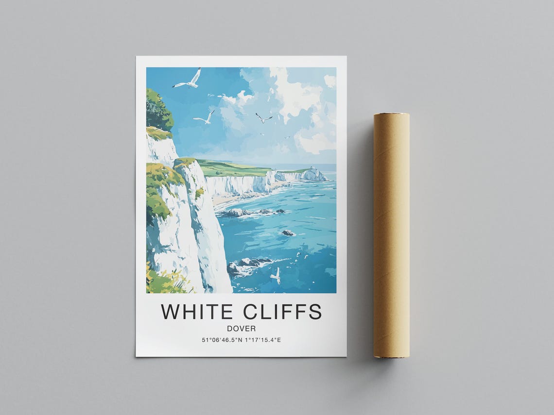 White Cliffs Dover England Poster Seagulls Coast Ocean Waves Artwork - Image 2