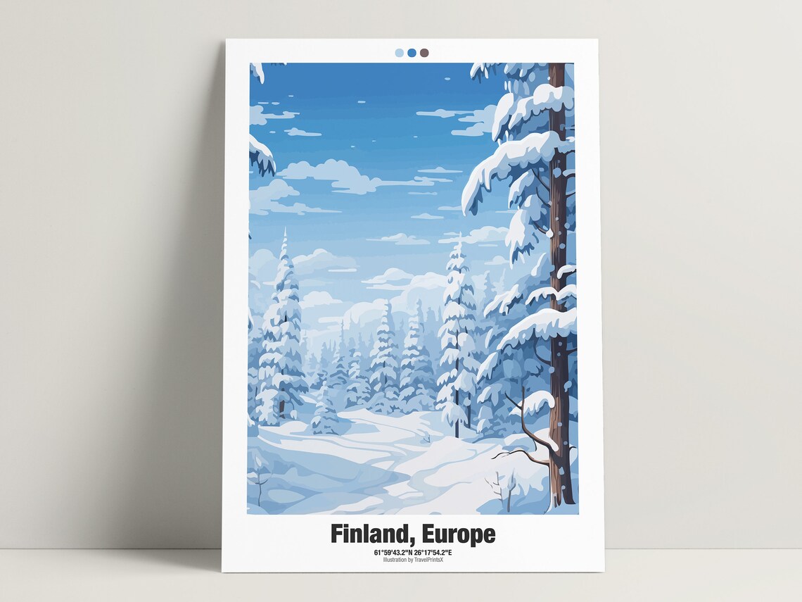 Finland Europe Travel Poster Snowy Pine Forest Winter Wonderland Art - Image 3