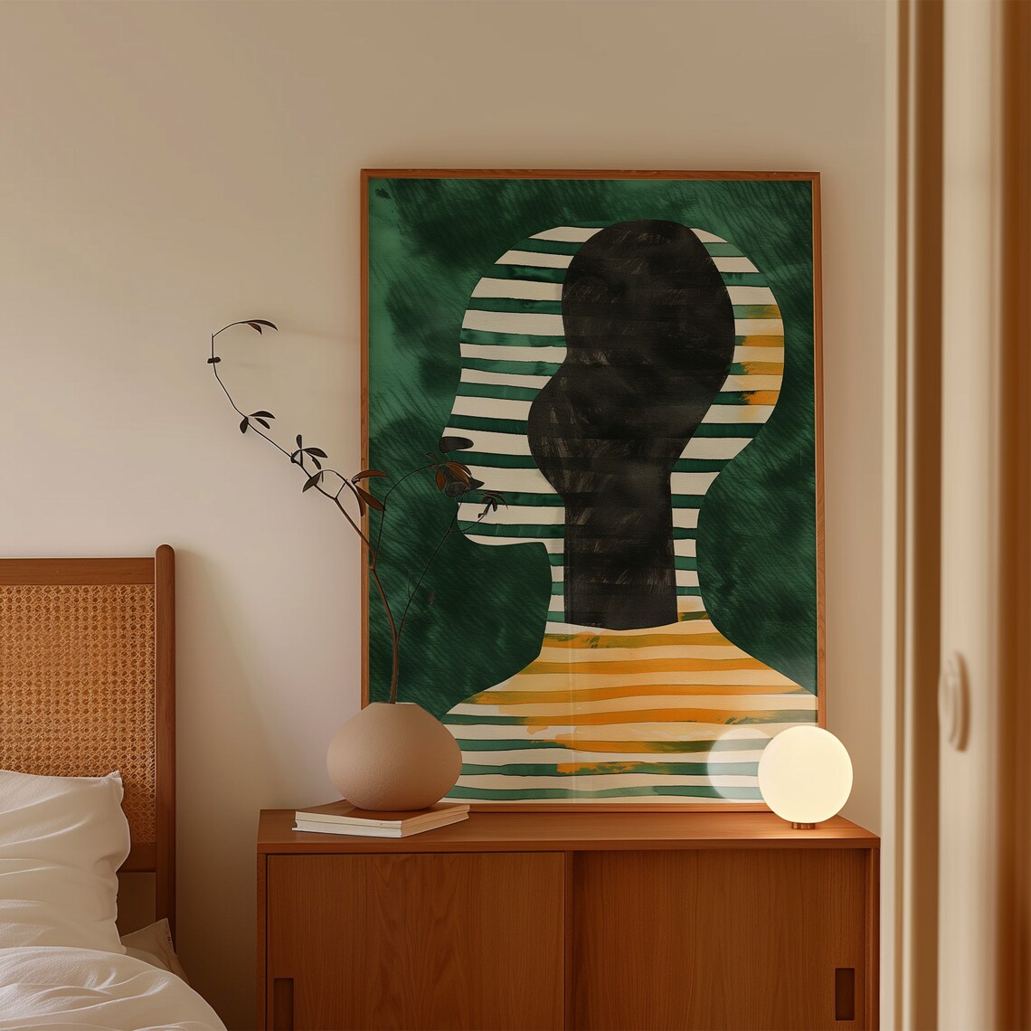 Abstract Profile Silhouette Emerald Green Striped Contemporary Art Poster - Image 3