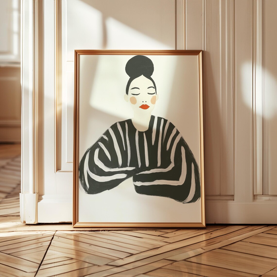 Woman With Hair Bun In Black And White Striped Top Portrait Poster