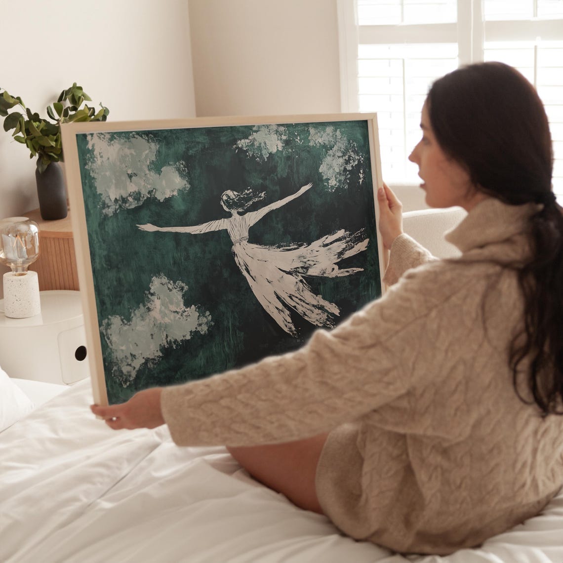 Flying Woman White Dress Clouds Dark Emerald Sky Abstract Poster - Image 4